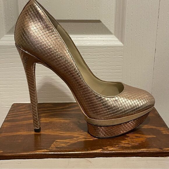 Brian Atwood Rose Gold Snakeskin Embossed Stiletto Platform Ultra High Heels 8.5 - Picture 3 of 14
